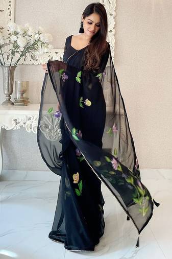 Black black & black floral poly georgette designer saree
