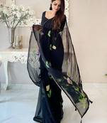 Black black & black floral poly georgette designer saree