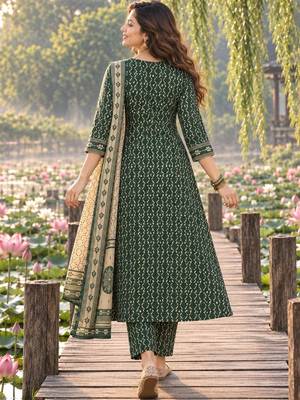 women ethnic motifs printed regular  cotton kurta with trousers & with dupatta 2