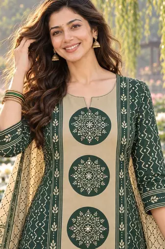 women ethnic motifs printed regular  cotton kurta with trousers & with dupatta