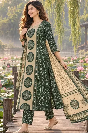 women ethnic motifs printed regular  cotton kurta with trousers & with dupatta