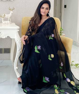 Black black & black floral poly georgette designer saree 3
