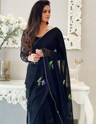 Black black & black floral poly georgette designer saree 4