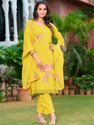 floral embroidered chanderi cotton straight kurta with trousers & dupatta 1