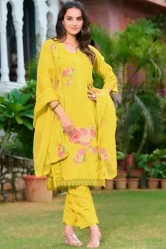 floral embroidered chanderi cotton straight kurta with trousers & dupatta