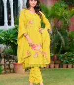 floral embroidered chanderi cotton straight kurta with trousers & dupatta