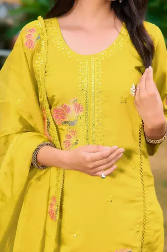 floral embroidered chanderi cotton straight kurta with trousers & dupatta