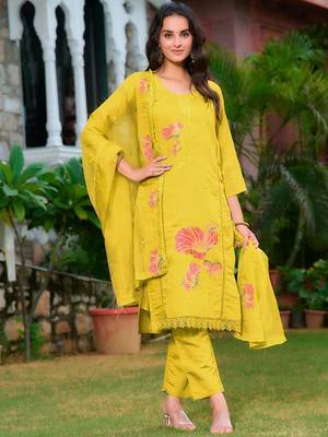 floral embroidered chanderi cotton straight kurta with trousers & dupatta 4
