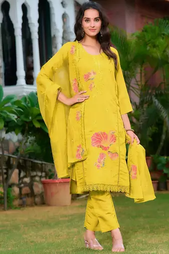 floral embroidered chanderi cotton straight kurta with trousers & dupatta