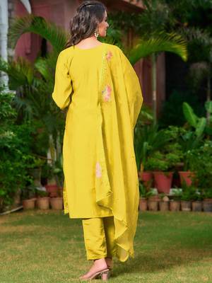 floral embroidered chanderi cotton straight kurta with trousers & dupatta 5