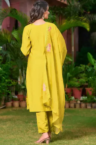 floral embroidered chanderi cotton straight kurta with trousers & dupatta