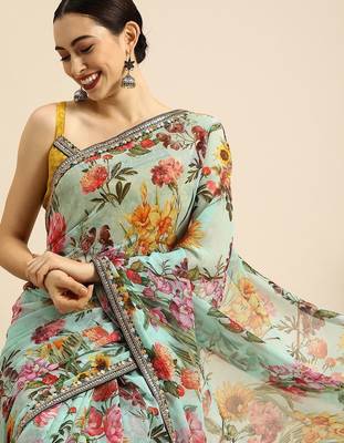 Sea green sea green & yellow  georgette floral printed saree 1