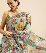 Sea green sea green & yellow  georgette floral printed saree
