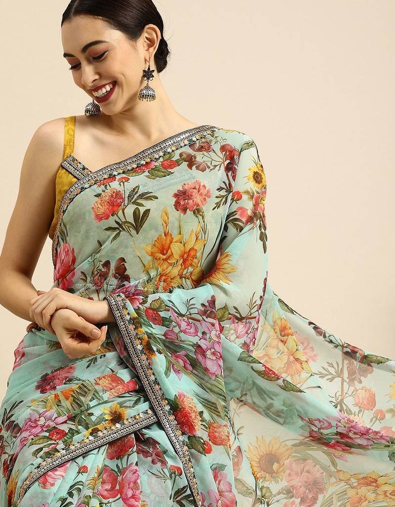 Sea green sea green & yellow  georgette floral printed saree