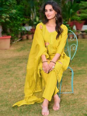 floral embroidered chanderi cotton straight kurta with trousers & dupatta 6