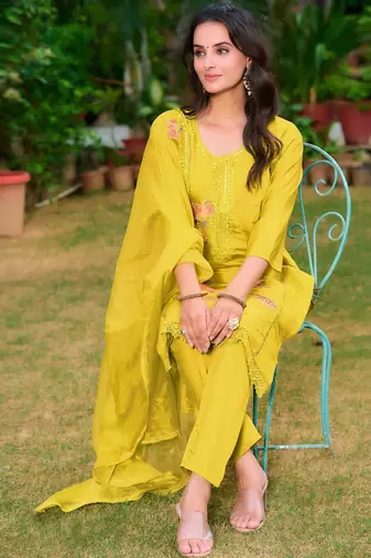 floral embroidered chanderi cotton straight kurta with trousers & dupatta