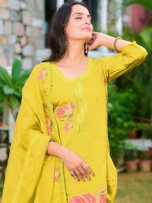 floral embroidered chanderi cotton straight kurta with trousers & dupatta 7