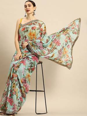 Sea green sea green & yellow  georgette floral printed saree 2