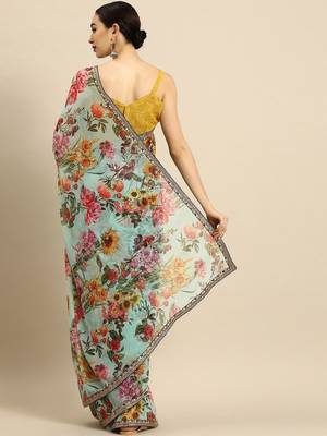 Sea green sea green & yellow  georgette floral printed saree 3