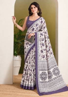 Purple batik printed silk blend ready to wear saree 4