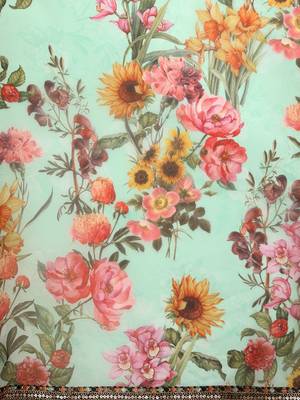 Sea green sea green & yellow  georgette floral printed saree 5