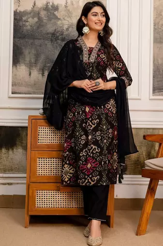 women ethnic motifs printed regular thread work kurta with trousers & with dupatta