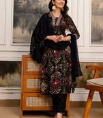 women ethnic motifs printed regular thread work kurta with trousers & with dupatta