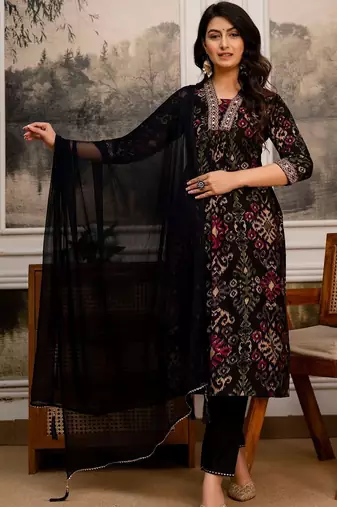 women ethnic motifs printed regular thread work kurta with trousers & with dupatta