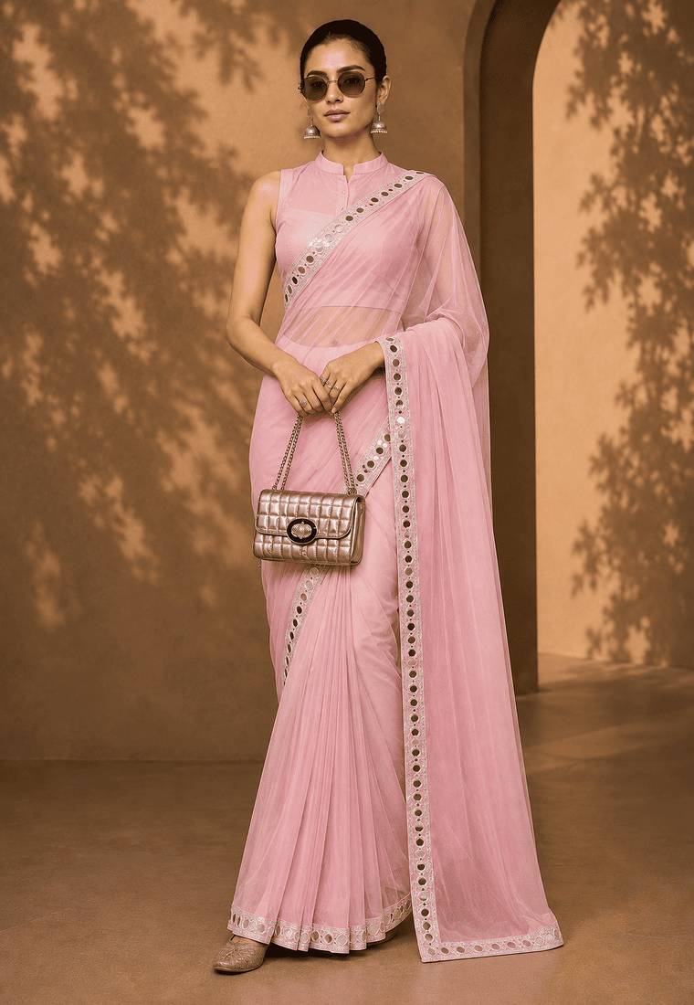 Pink solid pure chiffon ready to wear saree
