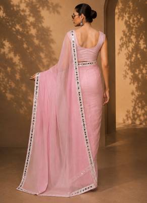 Pink solid pure chiffon ready to wear saree 2