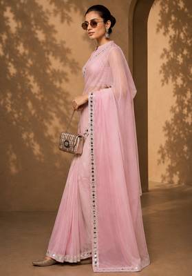 Pink solid pure chiffon ready to wear saree 3