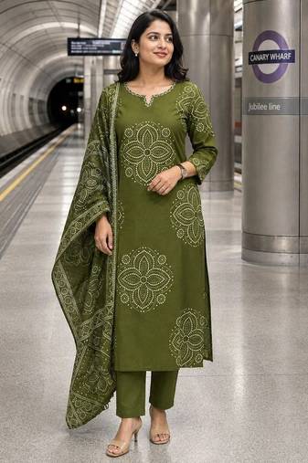 women ethnic motifs printed regular thread work  cotton kurta with trousers & with dupatta