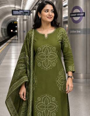 women ethnic motifs printed regular thread work  cotton kurta with trousers & with dupatta 2