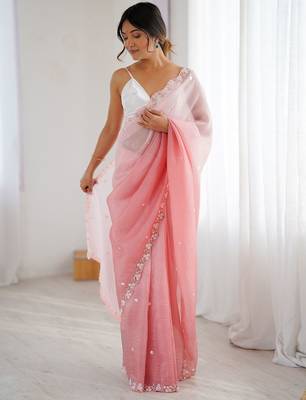 Pink embellished beads and stones  chiffon saree with matching blouse 1