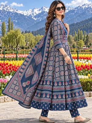 women ethnic motifs printed angrakha  cotton kurta with trousers & with dupatta 2