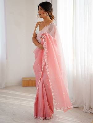 Pink embellished beads and stones  chiffon saree with matching blouse 2