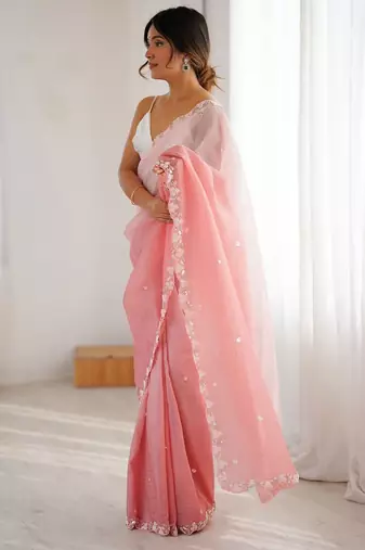 Pink embellished beads and stones  chiffon saree with matching blouse