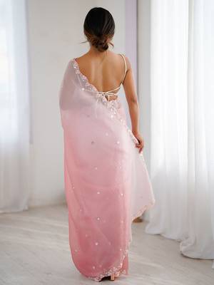 Pink embellished beads and stones  chiffon saree with matching blouse 3
