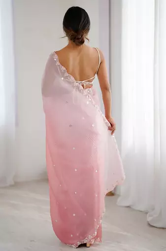 Pink embellished beads and stones  chiffon saree with matching blouse