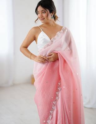 Pink embellished beads and stones  chiffon saree with matching blouse 4