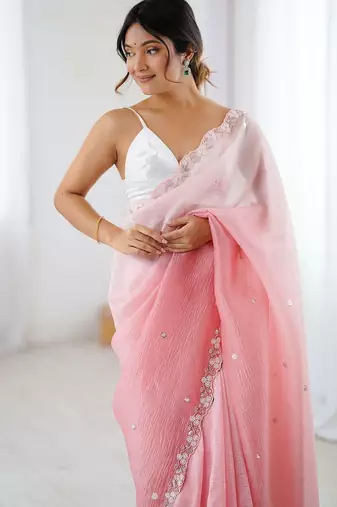 Pink embellished beads and stones  chiffon saree with matching blouse