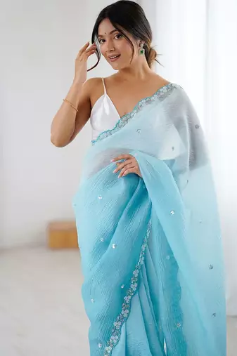 Blue embellished beads and stones  chiffon saree