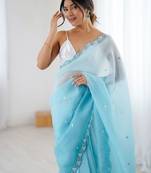 Blue embellished beads and stones  chiffon saree
