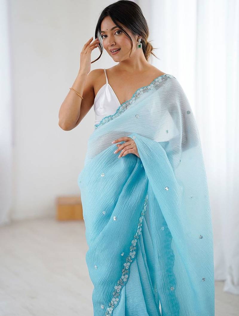 Blue embellished beads and stones  chiffon saree