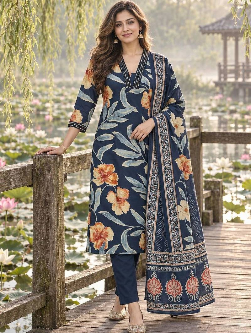 women floral printed regular  cotton kurta with trousers & with dupatta