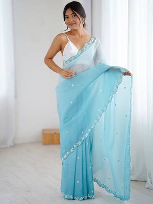 Blue embellished beads and stones  chiffon saree 2