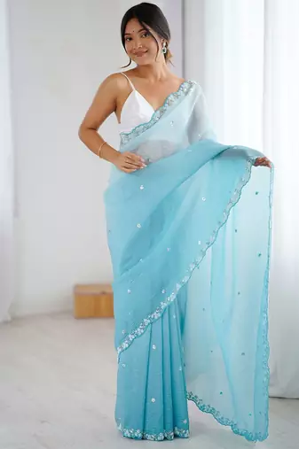 Blue embellished beads and stones  chiffon saree