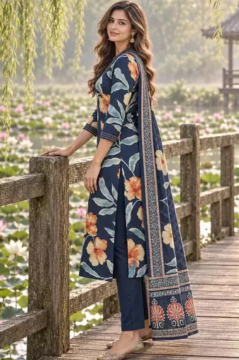 women floral printed regular  cotton kurta with trousers & with dupatta