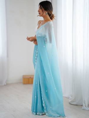 Blue embellished beads and stones  chiffon saree 3