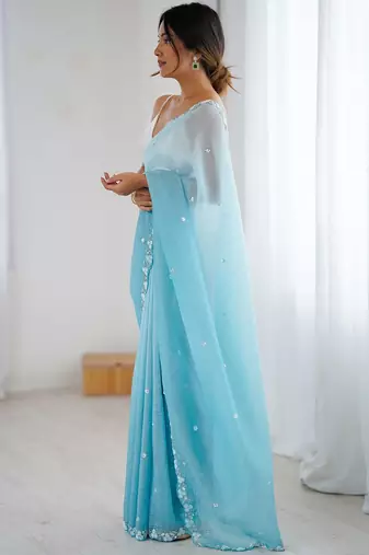 Blue embellished beads and stones  chiffon saree